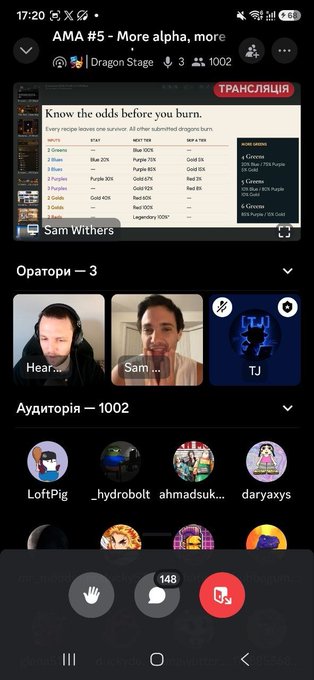 A screenshot of a mobile app streaming an AMA session titled "AMA #5 - More alpha, more burn" with 1002 viewers, showing speakers including Sam Withers and an audience list.