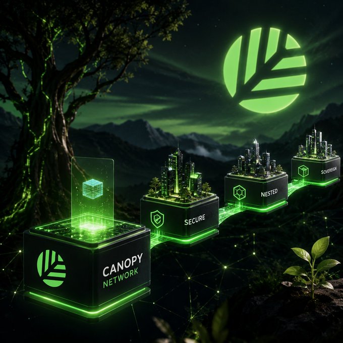 A promotional digital graphic for 'CANOPY NETWORK' showing a glowing green logo, futuristic cubes labeled 'SECURE' and 'NESTED', and miniature cityscapes set against a dark mountain landscape with a large illuminated leaf emblem in the sky.