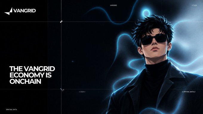 A promotional graphic for 'VANGRID' with text 'THE VANGRID ECONOMY IS ONCHAIN', featuring an illustrated man in sunglasses and a dark coat.