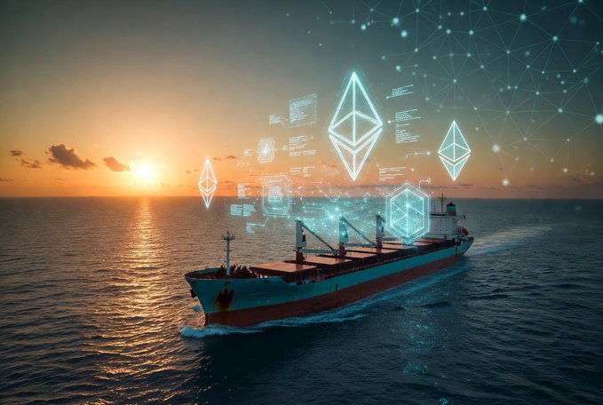 A large cargo ship sails on the ocean at sunset, with floating holographic Ethereum logos and digital data displays hovering above the deck.