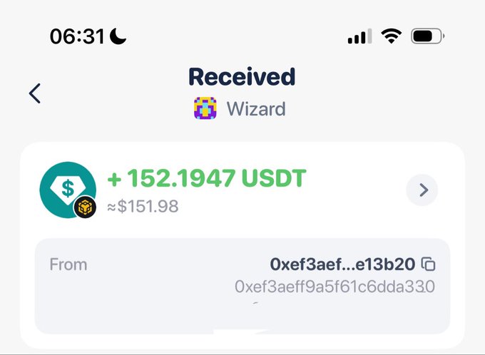 A mobile phone screenshot of a received crypto transaction showing '+152.1947 USDT (≈$151.98)' from address '0xef3aef...e13b20' sent by a user named 'Wizard'.