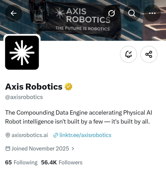A screenshot of the 'Axis Robotics' Twitter/X profile, verified, describing itself as 'The Compounding Data Engine accelerating Physical AI' with 56.4K followers.