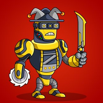 A cartoon-style illustration of a yellow and gray robot warrior wearing a jester hat and holding a sword, set against a red background.