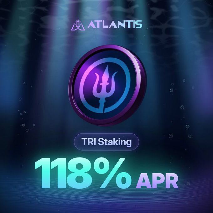 A promotional graphic for Atlantis featuring a glowing purple emblem with a trident, advertising TRI Staking with an 118% APR against an underwater-themed background.