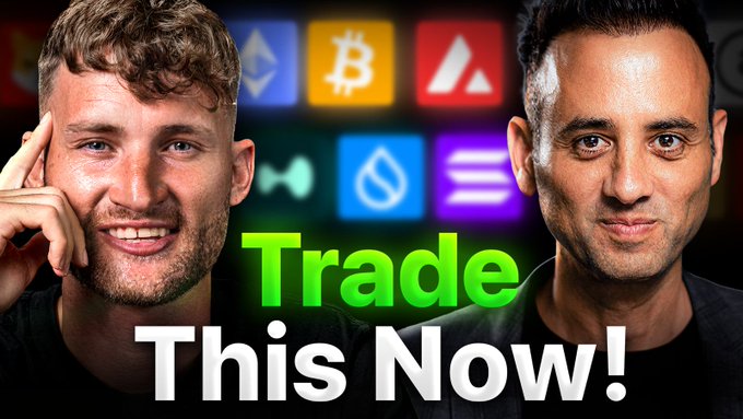 A YouTube thumbnail featuring two men flanking bold text reading "Trade This Now!" against a backdrop of cryptocurrency logos including Bitcoin and Ethereum. The post indicates the image is promoting a live crypto trading collaboration between "cryptomanran" and "sniper" set to stream on YouTube.