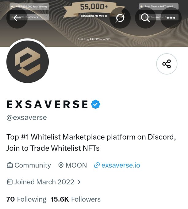 A screenshot of the verified EXSAVERSE (@exsaverse) Discord server profile, described as the “Top #1 Whitelist Marketplace platform on Discord,” with 15.6K followers and the website exsaverse.io. It supports the post’s point about upcoming NFT whitelist trading and holders potentially trading their “vouches” in the final 12 hours.