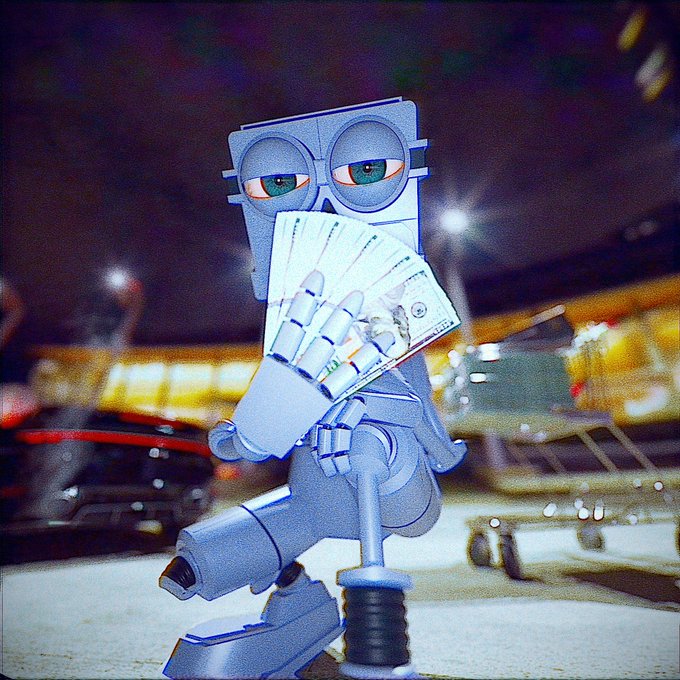 A retro-style robot character holding Japanese yen banknotes, standing in what appears to be a parking lot at night with vintage cars in the background.