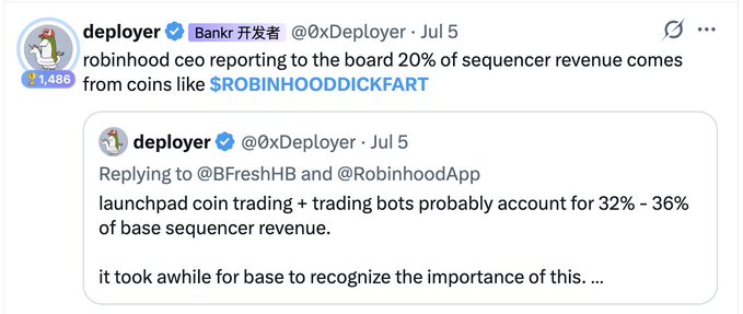 A tweet by deployer (@0xDeployer) noting that 20% of Base sequencer revenue comes from coins like $ROBINHOODDICKFART, with a reply estimating launchpad coin trading and trading bots account for 32%-36% of Base sequencer revenue.