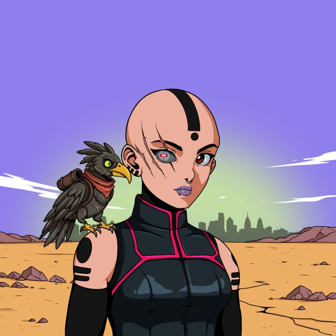 A bald cyberpunk character with facial markings and a robotic bird perched on their shoulder stands in a desert landscape with a city skyline in the background. The futuristic, sci-fi aesthetic of the image ties into the post's "new pets" theme, with the bird resembling a companion creature in a stylized, post-apocalyptic world.