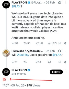 The image shows a X post from @PLAYTRON (SPLAY) discussing new technology for WORLD MODEL game data intel and referencing @SuiPlay's airdrop, followed by a reply from the post author questioning SuiPlay's legitimacy due to its 2-year wait without a TGE and damaged devices.