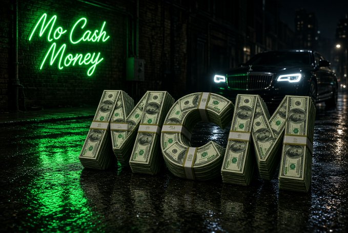 A neon-themed image showing stacks of cash arranged in the word "MOAN" against a dark alley backdrop with a luxury car, illuminated by a green "Mo Cash Money" neon sign.