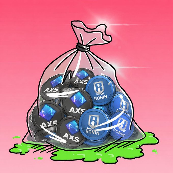 A cartoon illustration of a transparent money bag filled with AXS and RONIN cryptocurrency coins, sitting on green slime with a pink background and sparkles.