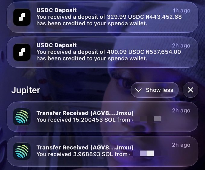 A screenshot of a crypto wallet activity feed showing two recent USDC deposits (329.99 USDC and 400.09 USDC) and two SOL transfers (15.200453 and 3.968893 SOL) received on the Solana blockchain via Jupiter, supporting the post's message about earning cryptocurrency through "web3" work and encouraging others to share their Solana wallets for a potential tip.