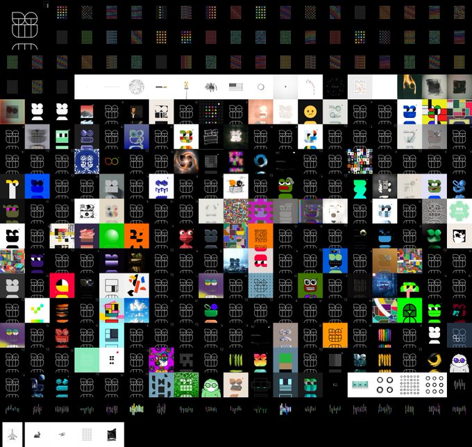 A dark digital canvas filled with a grid of numerous small, diverse pixel art sprites, objects, and color palettes.