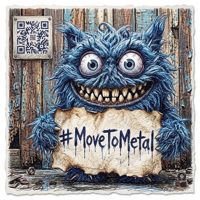 An illustration of a blue furry monster with large eyes holding a sign that says '#MoveToMetal' in front of a wooden wall featuring a QR code.