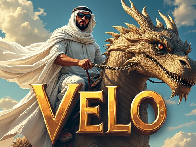 A fantasy-style digital artwork showing a man in traditional Middle Eastern attire riding a golden dragon, with the bold golden text "VELO" displayed prominently in the foreground.
