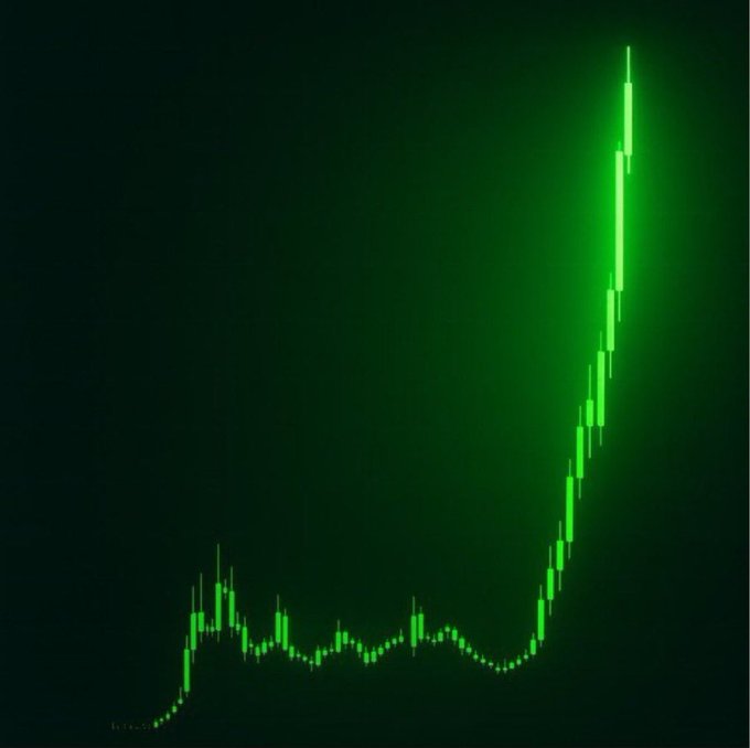A green candlestick chart on a black background shows a sharp upward trend on the right side.