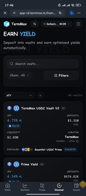 A screenshot of the TermMax app showing 'EARN YIELD' vaults, including TermMax USDC Vault V2 with 4.75% APY and $3.35M deposits, and Prime Yield with 4.34% APY and $674.82K deposits.