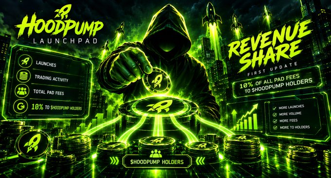 A vibrant green-themed promotional banner for '$HOODPUMP LAUNCHPAD' features a hooded figure holding a rocket token, advertising a revenue share offering 10% of all paid fees to $HOODPUMP holders across categories like launches, trading activity, and total paid fees.