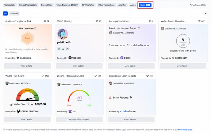 A screenshot of a crypto portfolio dashboard showing various tabs like Transactions and Cards, with widgets for Address Compliance Risk, Web3 Identity, Airdrops, Wallet Trust Score, and zScore Reputation Score.