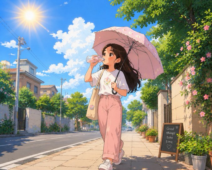 An anime-style illustration depicts a young woman drinking from a bottle under a pink umbrella on a sunny street, with a chalkboard sign reading 'Good things take time' beside her.