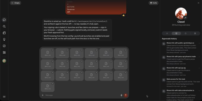 Screenshot of a chat application with a bot named 'Clawd' (16 Running overview) showing a conversation about connecting to a Twitter/X account for an Airdrop task. The interface displays an 'Approvals history' panel on the right with various task approvals including public-spi-bridges and perp-api.trojan rules.