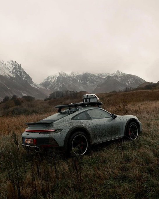 A mud-splattered silver Porsche 911 Dakar with a roof box parked in a grassy field with snow-covered mountains in the background.