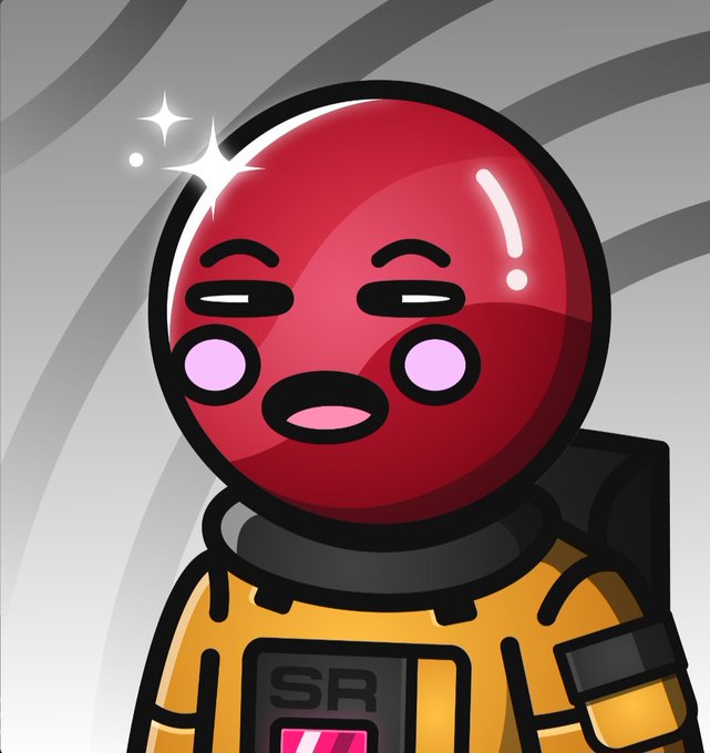 A cartoon character with a glossy red helmet-like head and an orange spacesuit labeled "SR" appears with closed eyes and rosy cheeks, radiating joy with sparkle effects—reflecting the post's celebration of many wins.
