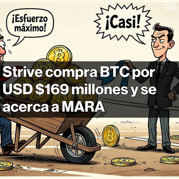 A cartoon illustration of men pushing a wheelbarrow full of Bitcoin coins, with Spanish text reading 'Strive compra BTC por USD $169 millones y se acerca a MARA' along with speech bubbles '¡Esfuerzo máximo!' and '¡Casi!'.