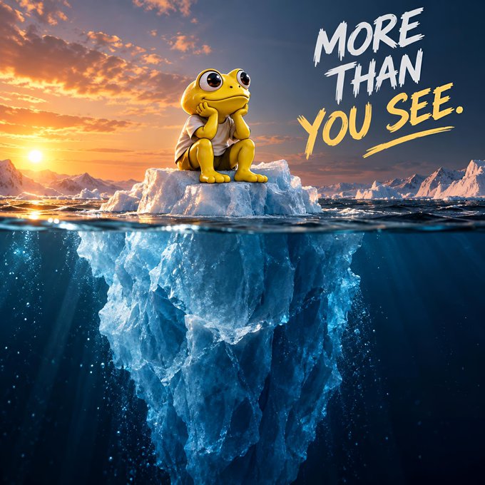 A yellow frog character sits pensively atop a small iceberg at sunset, with the text "MORE THAN YOU SEE" displayed prominently, illustrating how much of the iceberg lies hidden beneath the water's surface.