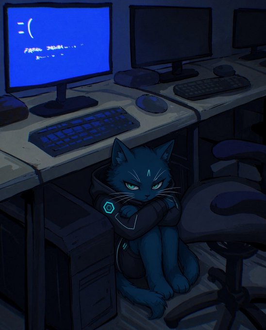 Digital artwork of a grumpy-looking blue cat wearing a dark hoodie with glowing teal accents, sitting under a desk in a dark room with computer monitors and keyboards.
