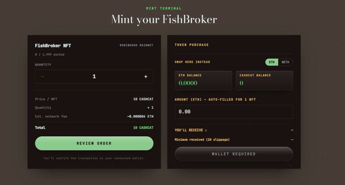 A screenshot of the "Mint Terminal" interface on fishbroker.xyz shows the FishBroker NFT minting page with a price of 10 $CASHCAT per NFT (0.08 ETH) and a limited supply of 0 out of 1,999 minted, matching the announcement of 1,999 FishBrokers entering the market at 10 $CASHCAT each.