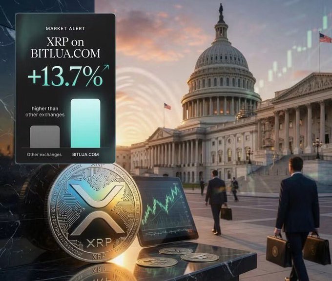 A promotional market alert advertises XRP trading on BitLua.com with a claim of being 13.7% higher than other exchanges, set against a backdrop of the U.S. Capitol building, businessmen with briefcases, and a laptop showing a rising chart alongside an XRP coin—visually tying the cryptocurrency's market performance to the pending CLARITY Act legislation mentioned in the post.