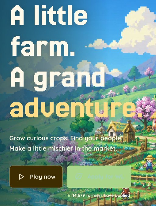A promotional image for a farming game featuring pixel art of a farm landscape with text 'A little farm. A grand adventure.' and buttons to 'Play now' and 'Apply for WL,' noting '14,679 farmers have applied.'