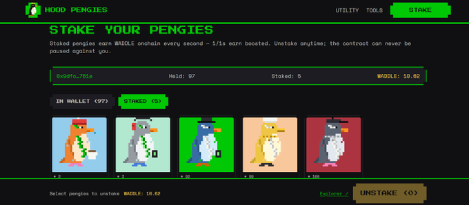 The image displays the "Stake Your Pengies" interface on hoodpengies.fun, showing the user's wallet (0x8d0c...761e) with 97 Pengies held, 5 staked, and an accumulated 10.62 $WADDLE. Five pixel-art penguin NFTs are visible with an "Unstake" option at the bottom, illustrating the staking protocol referenced in the post where users stake Pengies to earn $WADDLE rewards.