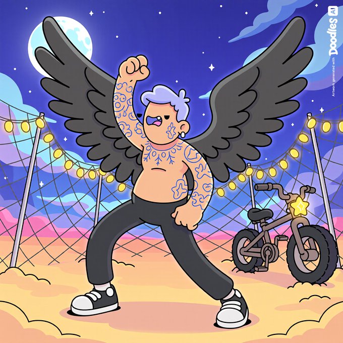 A Doodles NFT artwork featuring a character with large grey angel wings, purple-tinted hair, blue tattoos, and a nose ring, standing in a fighting stance next to a bicycle under a night sky with a moon.