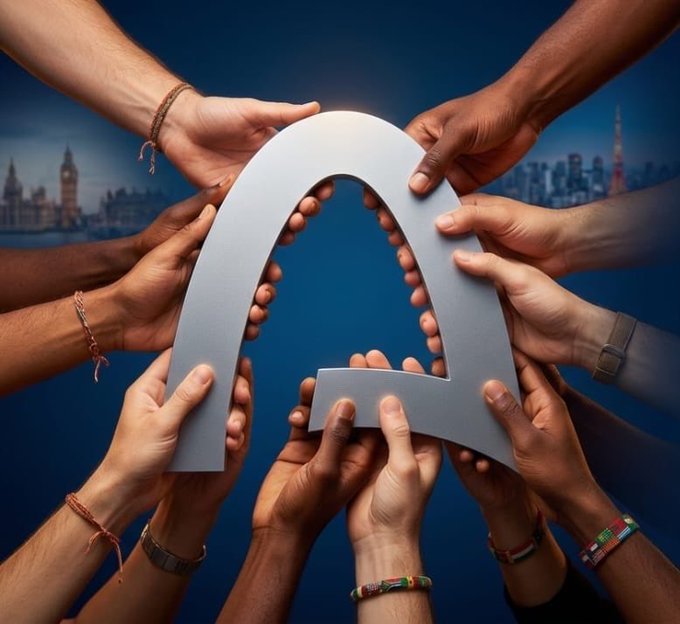 Multiple hands of different skin tones come together to hold up a large gray arch-shaped object, symbolizing unity or diversity, with city skylines (London and another) visible in the background.