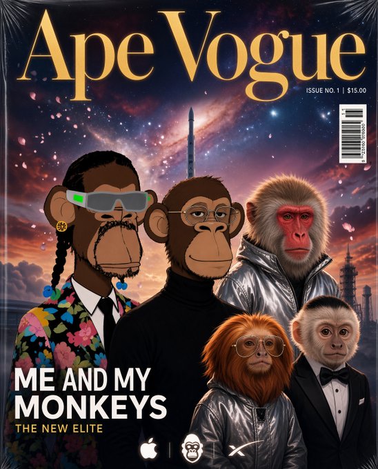 A magazine cover titled 'Ape Vogue' (Issue No. 1, $15.00) featuring the headline 'ME AND MY MONKEYS - THE NEW ELITE' and illustrations of several anthropomorphized primates wearing stylish clothing and accessories.