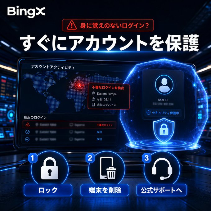 A BingX promotional graphic in Japanese urging users to protect their accounts immediately if they notice an unfamiliar login, showing an account activity dashboard detecting a suspicious login from Eastern Europe at 02:14, with three action steps: 1. Lock, 2. Delete device, 3. Contact official support.