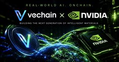 A promotional graphic featuring the 'Vechain' and 'NVIDIA' logos with the text 'REAL-WORLD AI, ONCHAIN' and 'BUILDING THE NEXT GENERATION OF INTELLIGENT MATERIALS'.