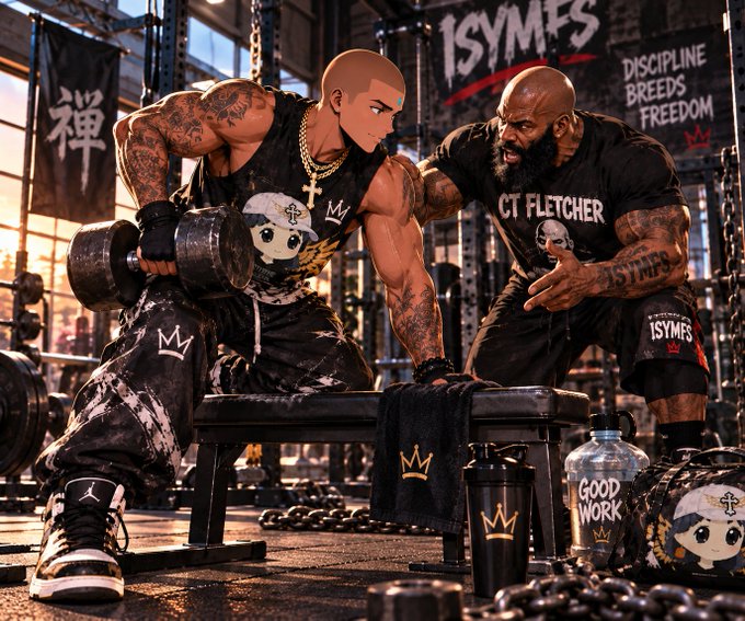 An anime-style illustration depicting a muscular bald man lifting heavy dumbbells while a muscular bearded man in a 'CT FLETCHER' shirt coaches him in a gym setting with 'ISYMFS' and 'DISCIPLINE BREEDS FREEDOM' signage.