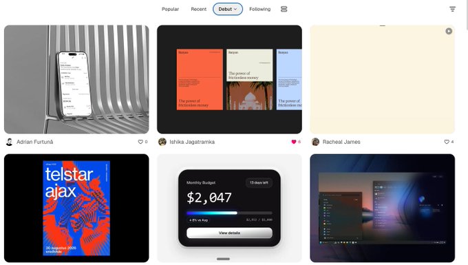 A design portfolio website showing a grid of project thumbnails with navigation tabs for Popular, Recent, Debut, and Following, featuring works by Adrian Fortună, Ishika Jagatramka, and Racheal James.
