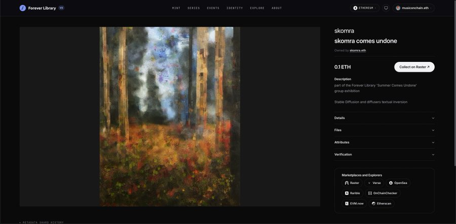 A Forever Library NFT marketplace page displaying an artwork titled 'skomra comes undone' by skomra.eth, priced at 0.1 ETH, created using Stable Diffusion and dfffusers textual inversion, available on platforms like Rarible and OpenSea.