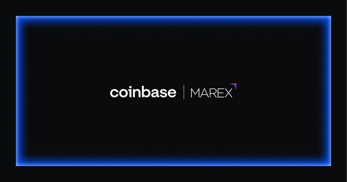 The image displays a dark graphic with a blue neon border featuring the "coinbase | MAREX" logos side by side, visually reinforcing the partnership mentioned in the post about Marex leveraging Coinbase's infrastructure to enable USDC as initial margin for US-regulated futures and options trading.
