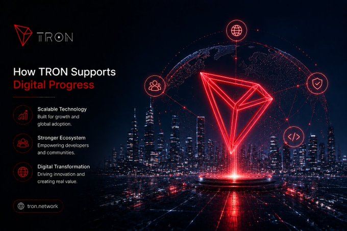 A promotional graphic for TRON titled 'How TRON Supports Digital Progress' featuring the TRON logo, city skyline, and listing three pillars: Scalable Technology, Stronger Ecosystem, and Digital Transformation, with tron.network at the bottom.