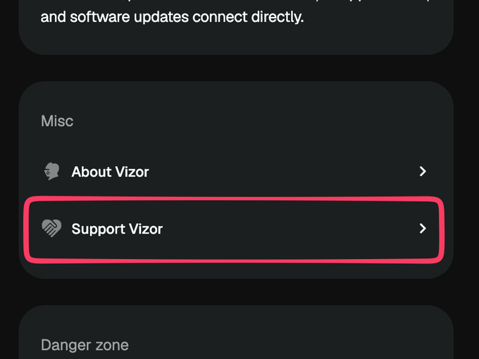 The image shows the "Misc" section of Vizor's settings menu, with the "Support Vizor" option highlighted in a red box, directing users to the new feature that allows them to support the wallet's developers directly with ZEC donations.