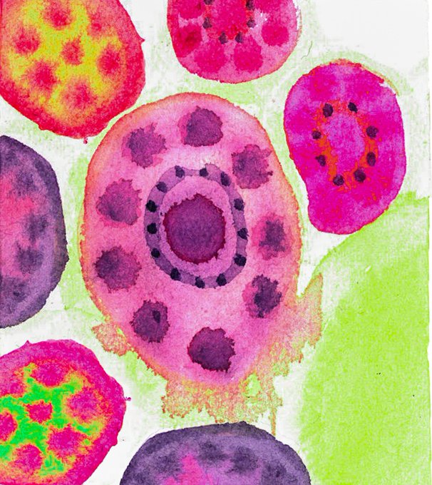 A vibrant watercolor or mixed-media painting featuring abstract circular shapes in pink, magenta, purple, and green, with a prominent central oval containing a ring of dark dots around a darker center.