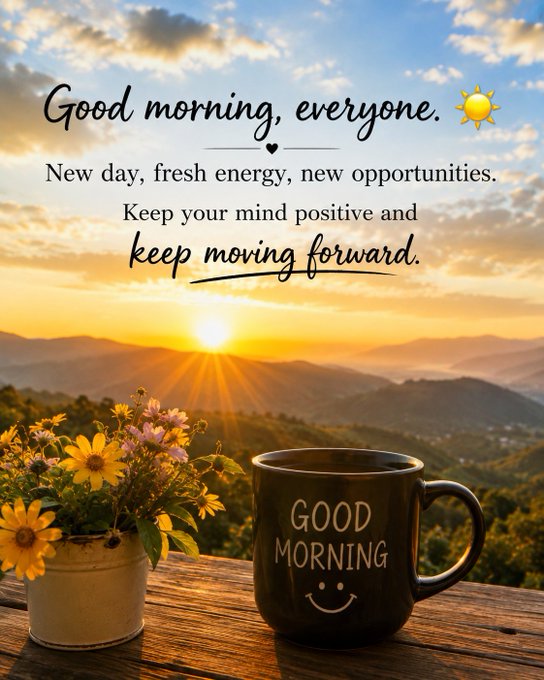 A motivational 'Good morning, everyone' greeting image featuring a sunrise over mountains, a black 'GOOD MORNING' mug with a smiley face, and a pot of yellow flowers.