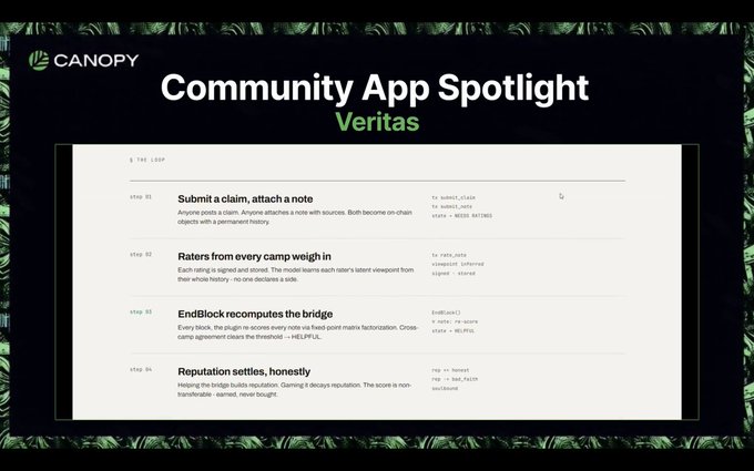 The image showcases "Community App Spotlight: Veritas," a fact-checking system that runs as its own chain to provide transparency and combat the "blind spot" of private algorithms. The diagram outlines the four steps of Veritas: submitting a claim, ratings from users, recomputing scores, and settling reputation.