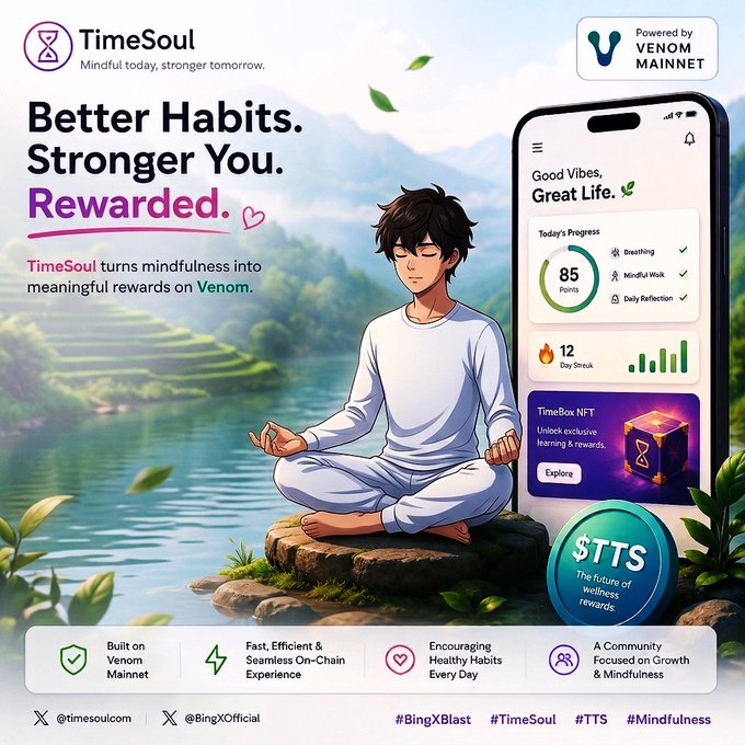 A promotional advertisement for 'TimeSoul' featuring an anime-style character meditating by a lake, promoting mindfulness habits rewarded on the Venom Mainnet, with the ticker $TTS and hashtags #BingXBlast, #TimeSoul, #TTS, #Mindfulness.